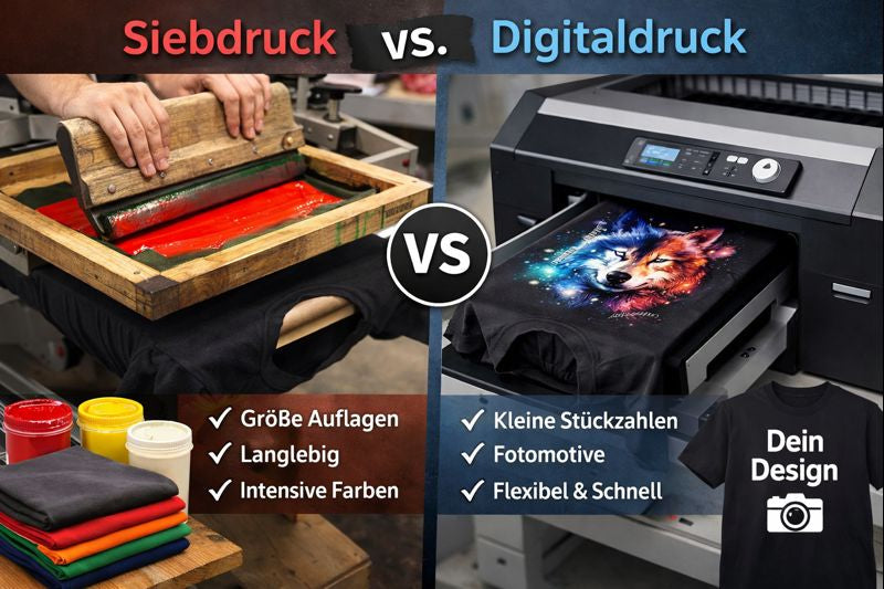Siebdruck oder Digitaldruck? Erfahre, welches Druckverfahren sich für bedruckte Kleidung wirklich lohnt – erklärt einfach & praxisnah aus der Schweiz.