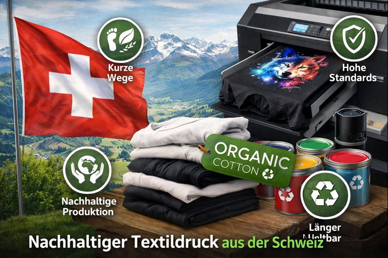 Warum ist Textildruck aus der Schweiz nachhaltiger? Kurze Wege, hohe Standards & langlebige Qualität – alle Vorteile einfach erklärt.