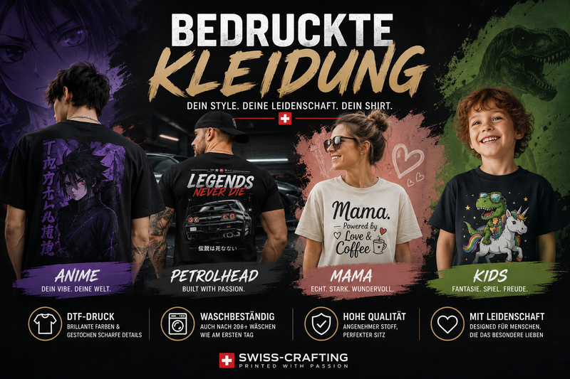Bedruckte Kleidung Schweiz | T-Shirts mit Druck kaufen | Swiss-Crafting