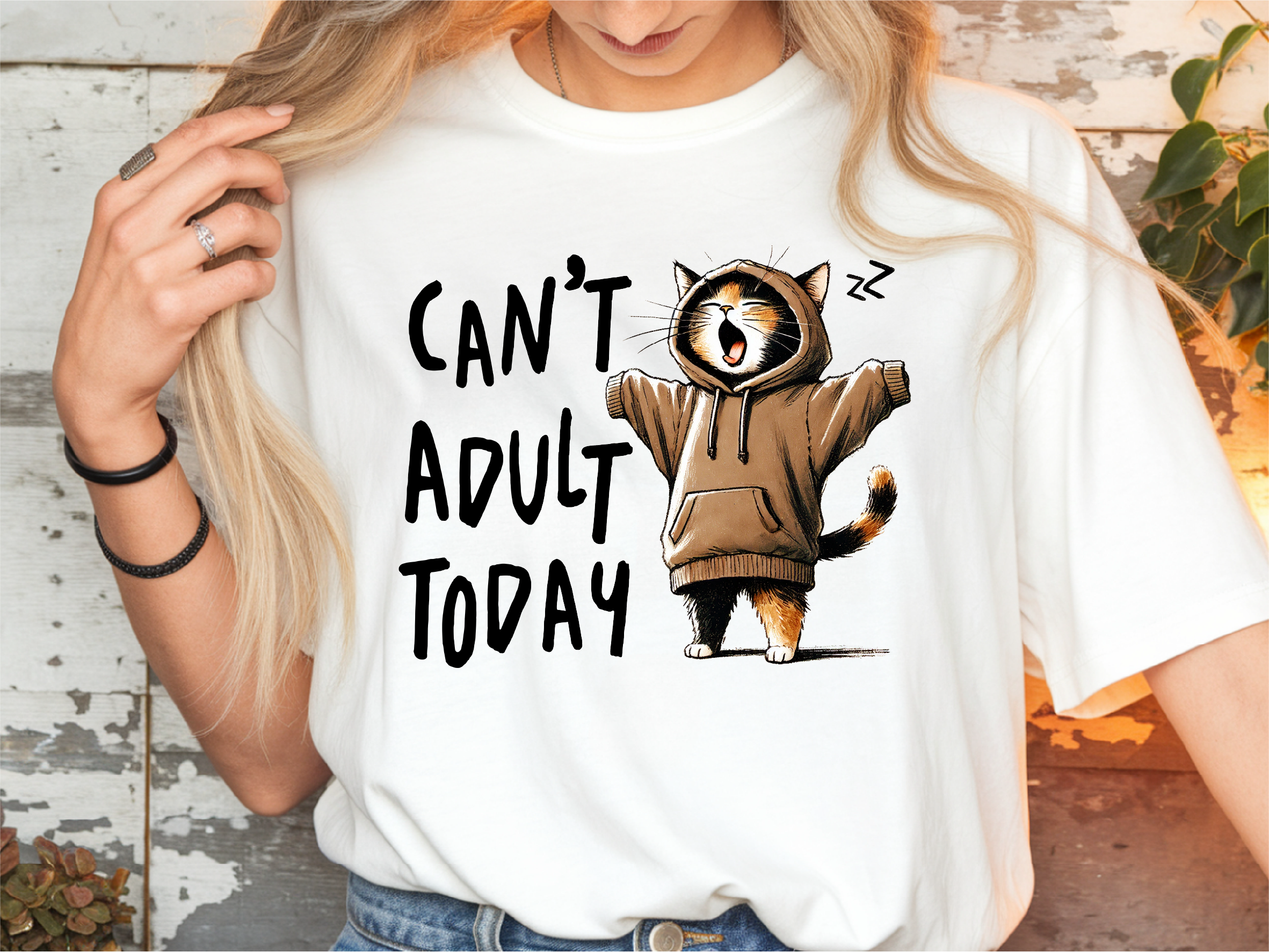 T-Shirt – „Can't Adult Today" mit Katze