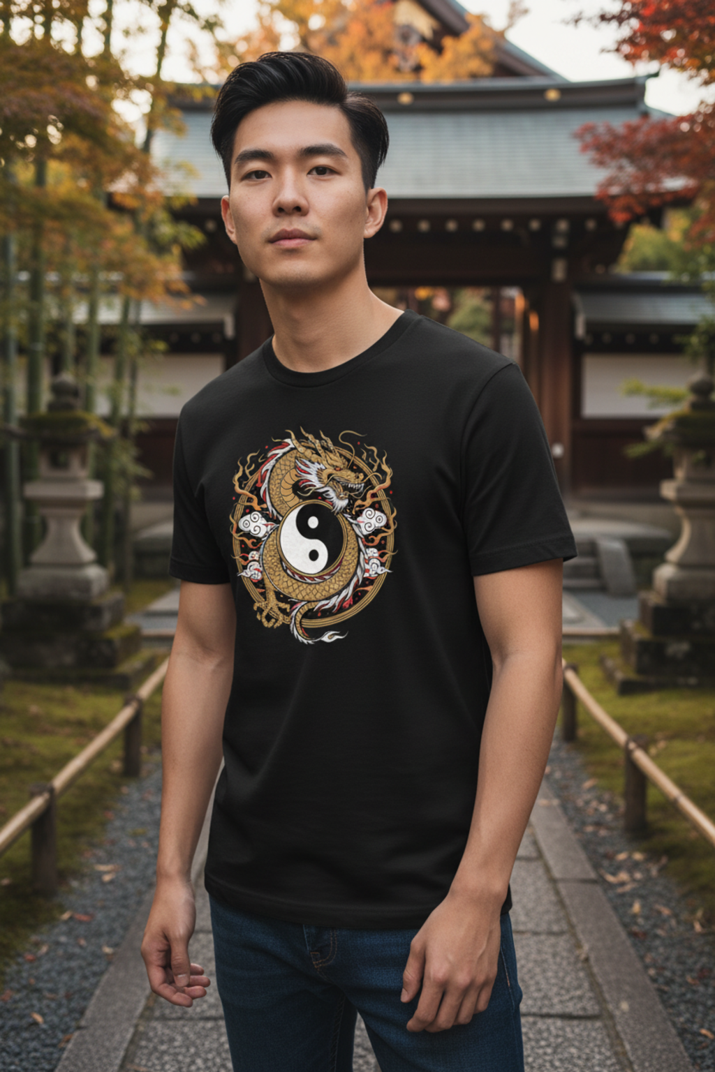 Anime T-Shirt – Golden Dragon Yin Yang
