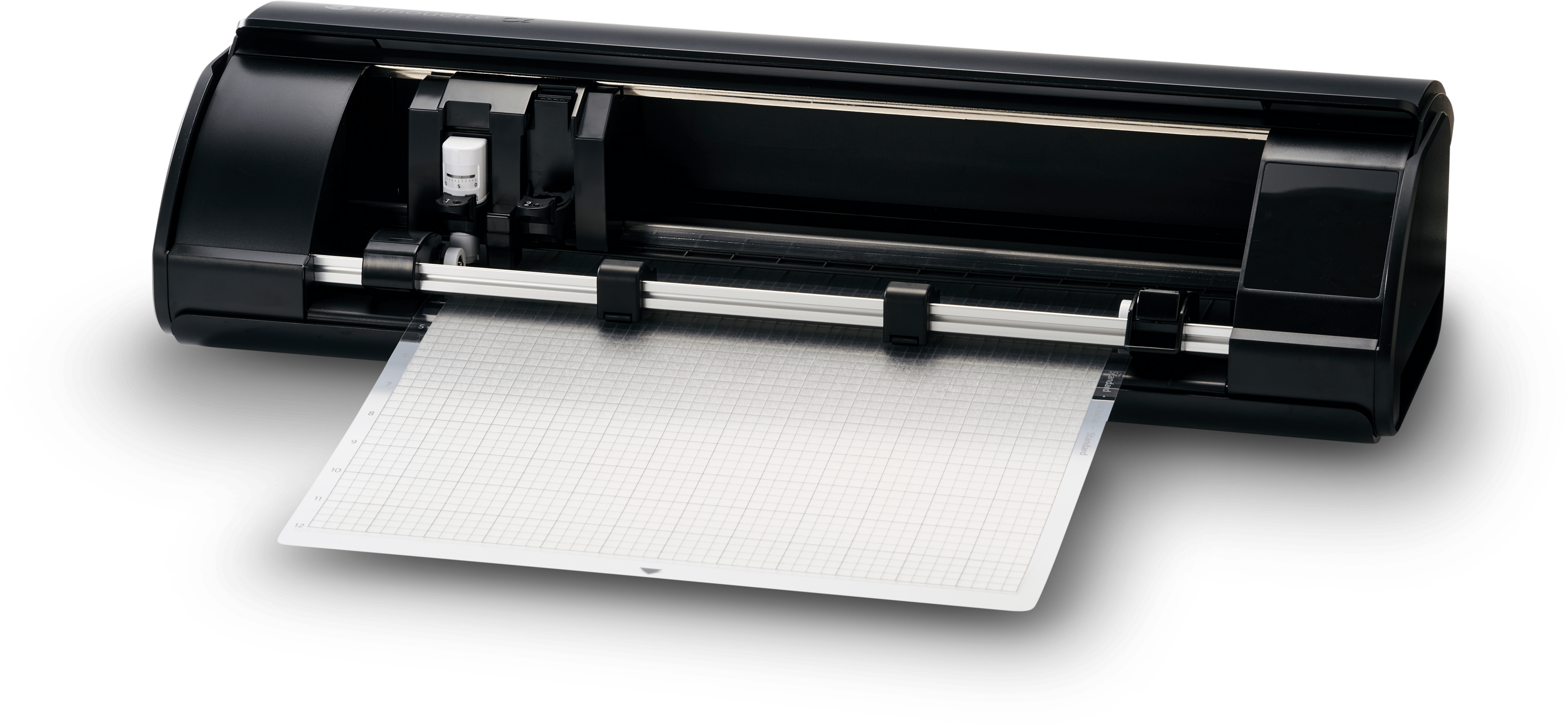 Silhouette CAMEO 5 Alpha Schneideplotter Schwarz Matt geöffnet mit Schneidmatte – Swiss-Crafting